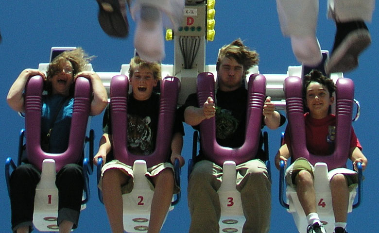 Vacationers enjoying the 'Fireball' ride at the Santa Cruz beach boardwalk.