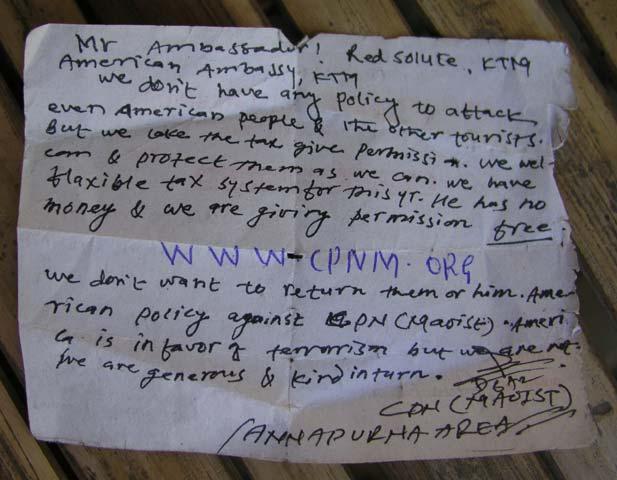 Maoist letter to the US Ambassador [see Lynn & the Maoists journal entry]