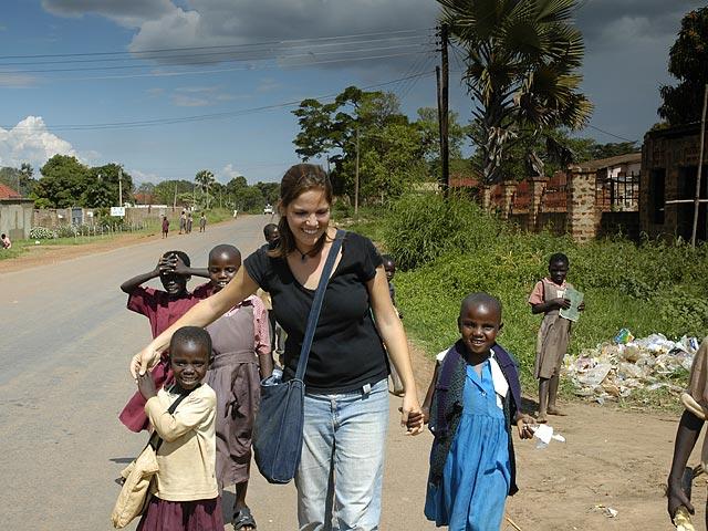 Matat with kids in Gulu - Each day we felt like pied-pipers with the groups of kids following us around.