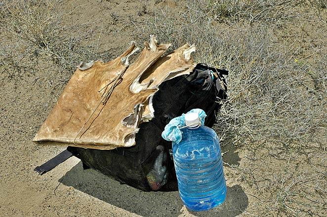 A carry-on sized pack, a goatskin, and a big bottle of water.