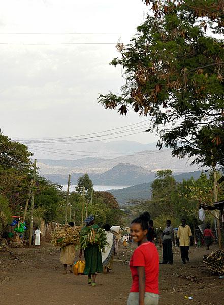 View through a side road of Arba Minch down to the lakes below.