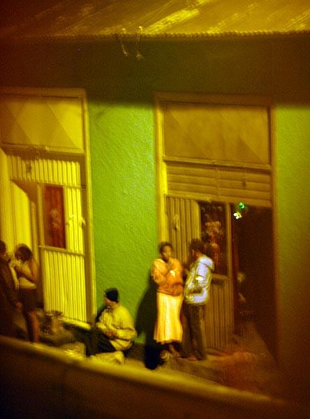 Abret's Bar at night - view from my balcony.  Abret's bar is the right door; the left door is another bar.