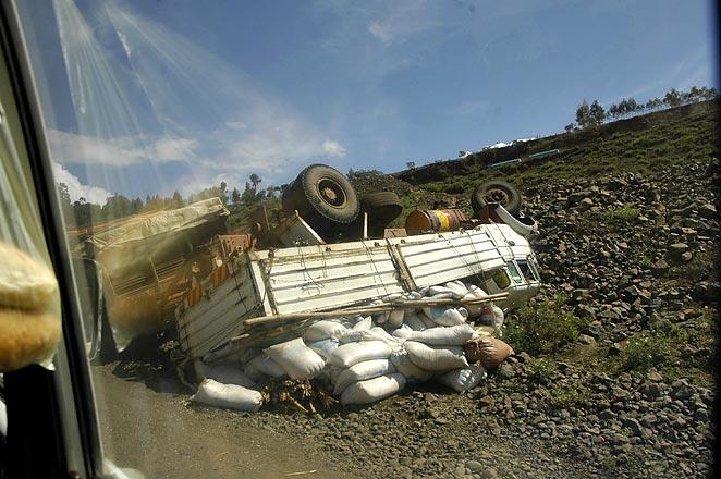 Between Addis Ababa and Bahar Dar, I saw 3 overturned trucks.  The road did not seem that trecherous, so I suspect the trucks were just terribly overloaded.