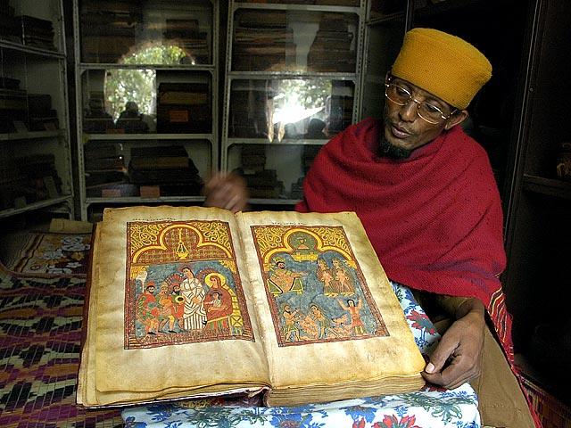 A 500 year old bible in a church in Bahar Dar.  The bible story is beautifully done in illustrations for the illiterate.