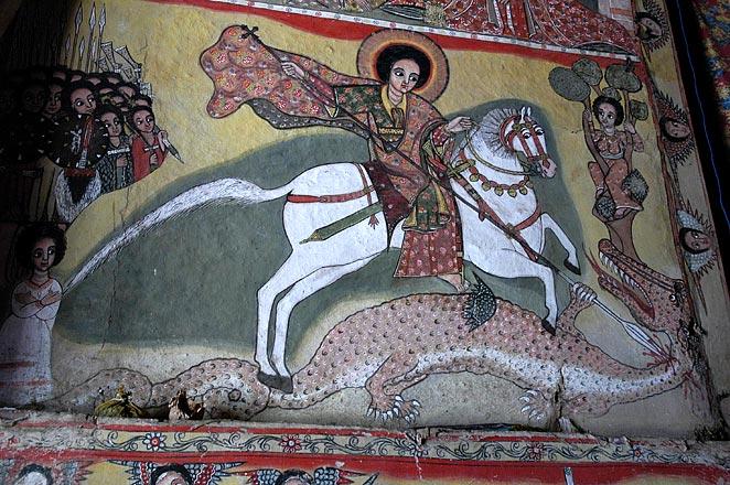 St. George - the patron saint of Ethiopia who is famous for slaying a dragon and rescuing the damsel in distress.