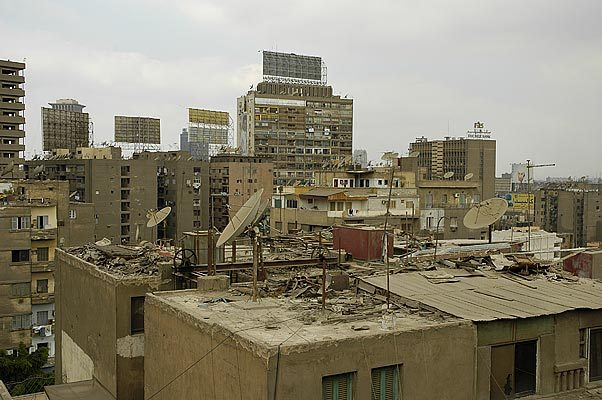 View across the rooftops in Cairo.  The rooves are coverd with an amazing amount of dirt, rubbish and rubble.