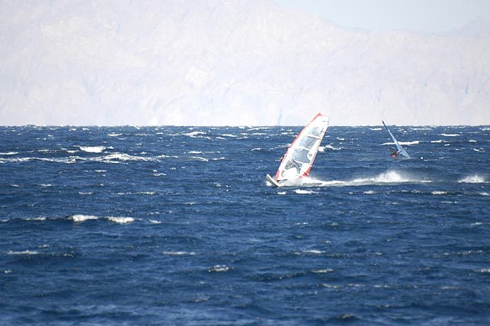 Dahab has some of the best windsurfing anywhere in the world.  The hills in the background are Saudi Arabia.