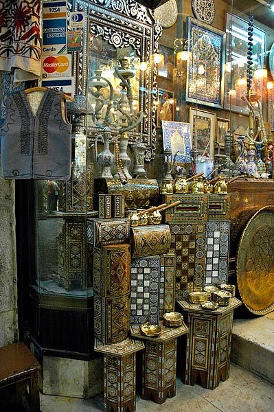 Inlayed goods for sale in the Damascus Souk.