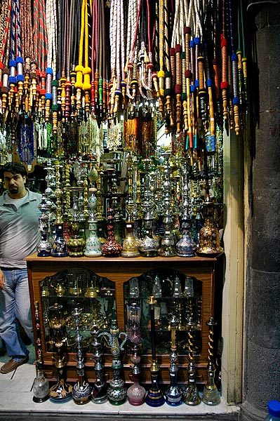 Sheeshas (also known as Hookahs or Nargila) for sale in the Damascus Souk.