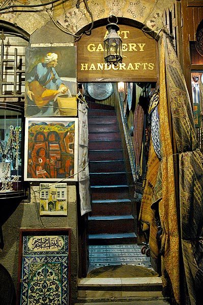 Art and handicrafts for sale in the Damascus Souk.