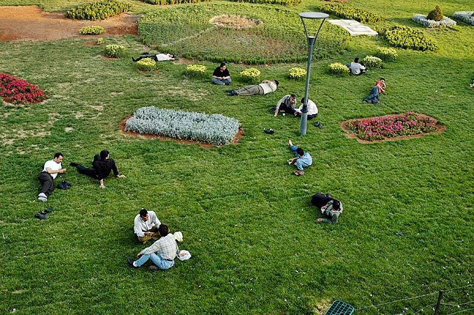 Syrians relaxing in a park downtown.  No women.